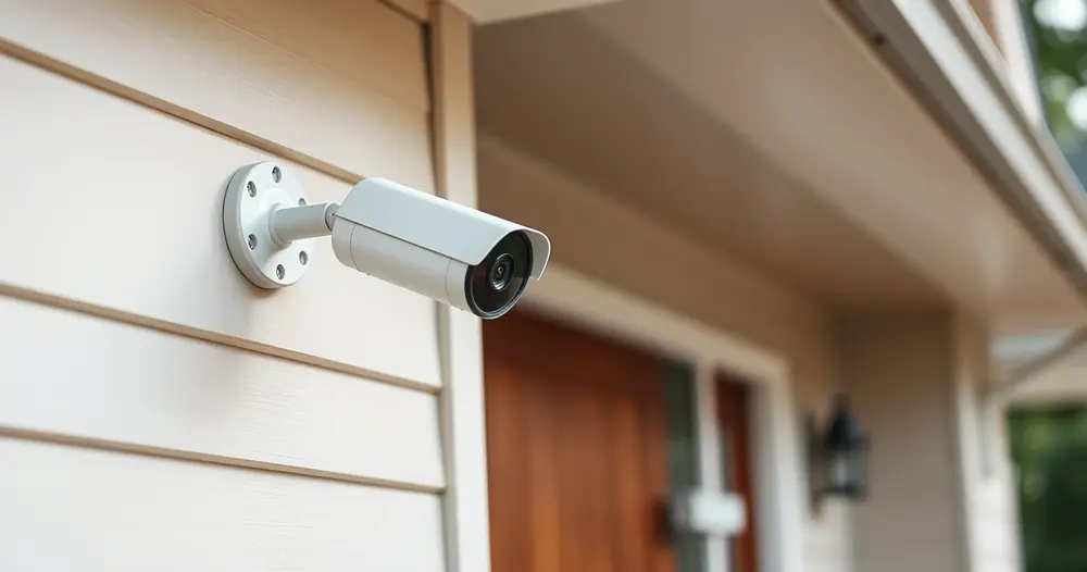 câmera de segurança sem fio instalada na parede externa de uma casa