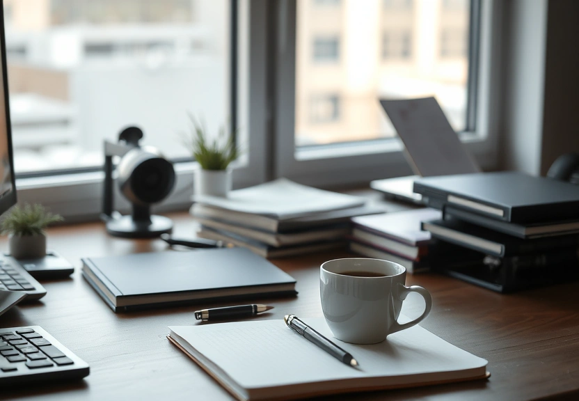 Mesa de redação com caderno fechado e café junto à janela