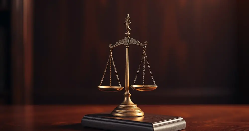 Balança da justiça em bronze sobre mesa de madeira escura, símbolo da advocacia criminal