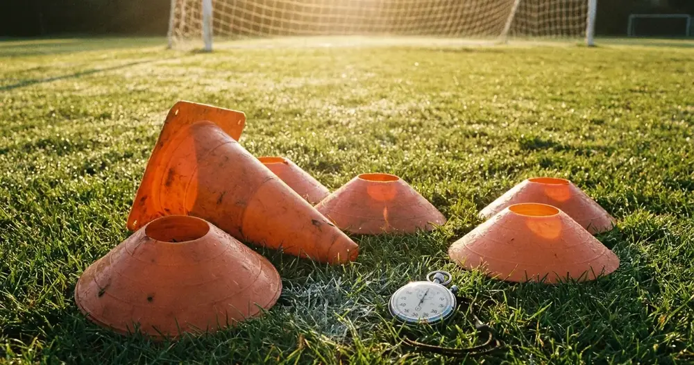 cones de treino e cronômetro em campo de futebol ao amanhecer