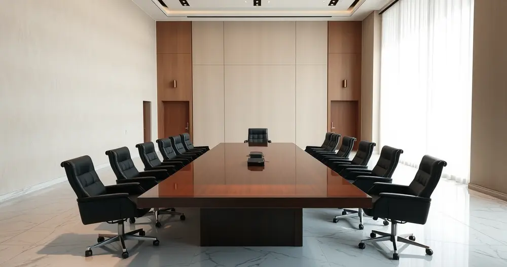 Sala de reunião institucional com mesa longa de madeira e cadeiras de couro, ambiente da carreira de procurador federal