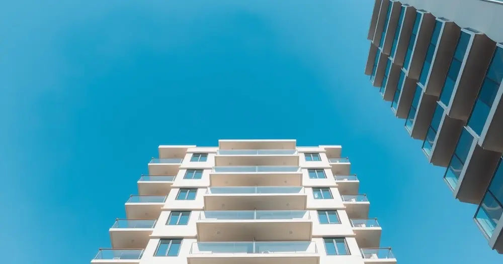 Fachada de prédio residencial moderno com sacadas vista de baixo contra céu azul, contexto do trabalho do síndico