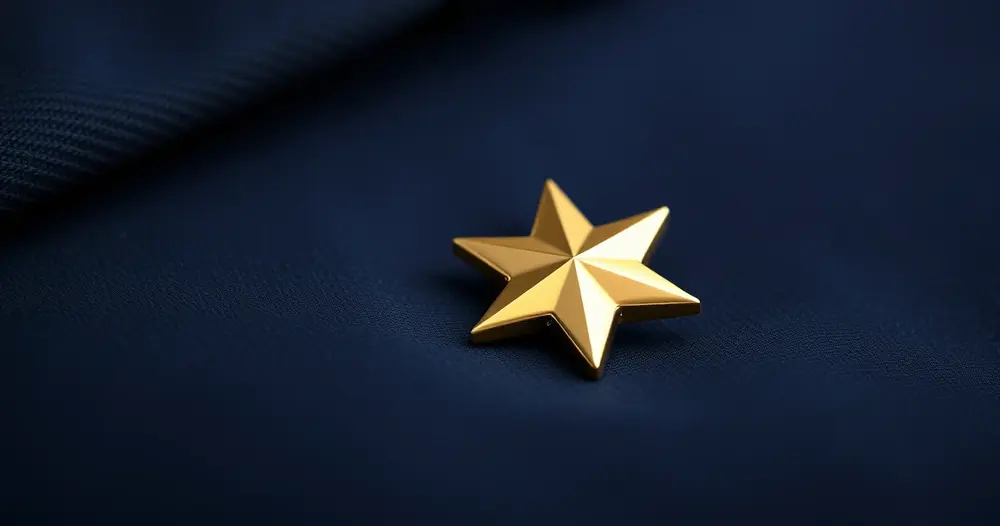 Insígnia dourada em formato de estrela sobre tecido azul-marinho de farda, símbolo do posto de tenente da PM